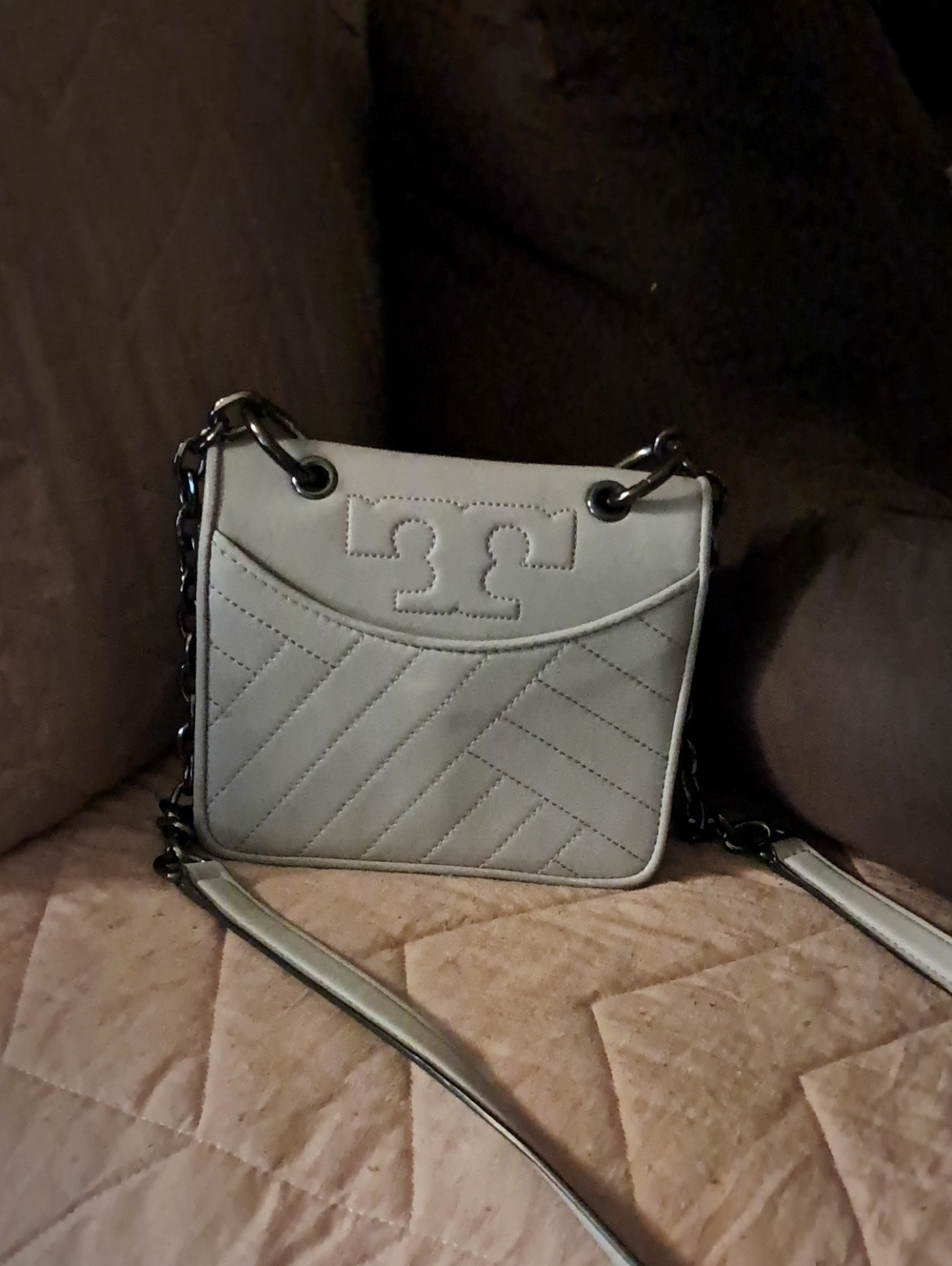 Tory Burch Quilted Light Gray Leather Crossbody Bag